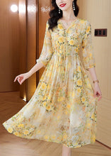 Load image into Gallery viewer, Italian Yellow V Neck Print Drawstring Silk Dresses Summer