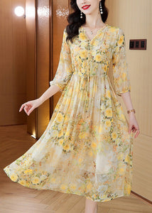 Italian Yellow V Neck Print Drawstring Silk Dresses Summer