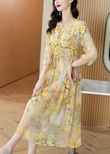 Load image into Gallery viewer, Italian Yellow V Neck Print Drawstring Silk Dresses Summer