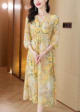 Load image into Gallery viewer, Italian Yellow V Neck Print Drawstring Silk Dresses Summer