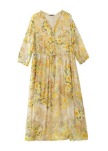 Load image into Gallery viewer, Italian Yellow V Neck Print Drawstring Silk Dresses Summer