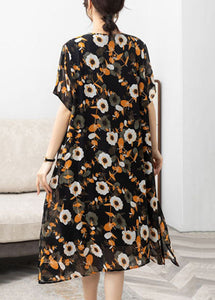 Italian Yellow V Neck Print Patchwork Chiffon Dresses Summer