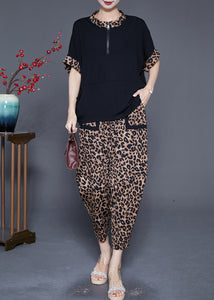 Italian Zip Up Patchwork Leopard Cotton Two Pieces Set Summer