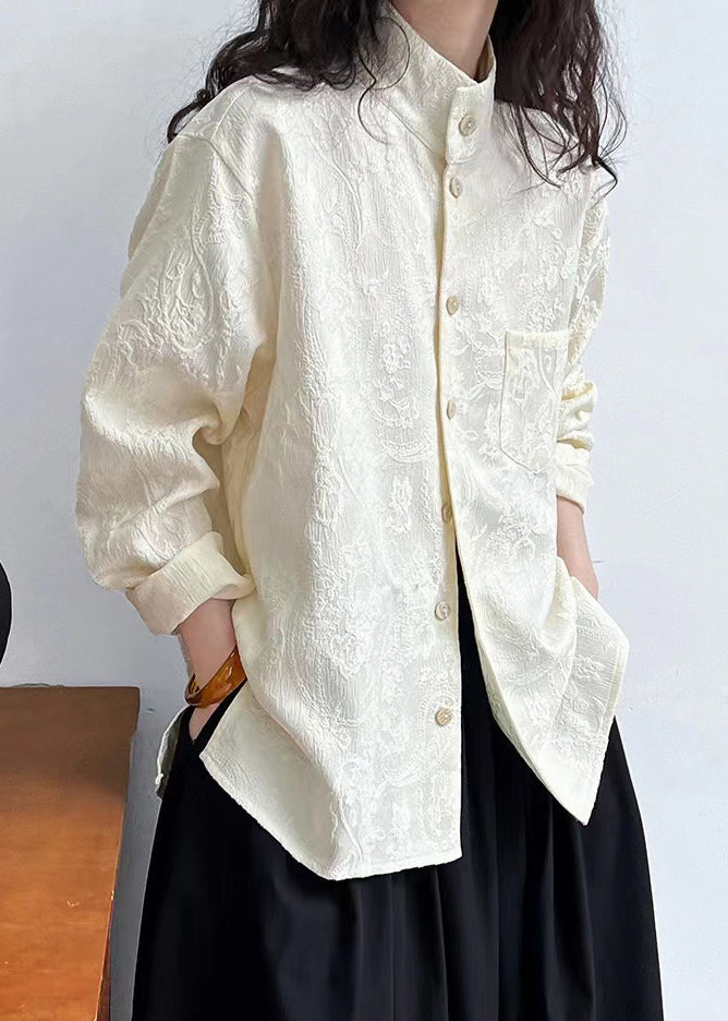 Jacquard Apricot Button Pockets Cotton Blouses Spring