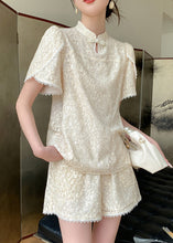 Load image into Gallery viewer, Jacquard Beige Stand Collar Lace Patchwork Chiffon Shirts And Shorts Two Pieces Set Summer