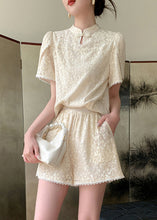 Load image into Gallery viewer, Jacquard Beige Stand Collar Lace Patchwork Chiffon Shirts And Shorts Two Pieces Set Summer