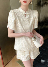 Load image into Gallery viewer, Jacquard Beige Stand Collar Lace Patchwork Chiffon Shirts And Shorts Two Pieces Set Summer