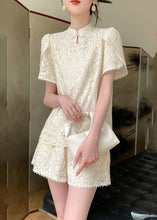 Load image into Gallery viewer, Jacquard Beige Stand Collar Lace Patchwork Chiffon Shirts And Shorts Two Pieces Set Summer