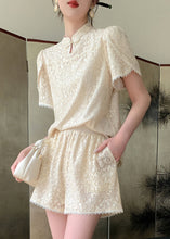 Load image into Gallery viewer, Jacquard Beige Stand Collar Lace Patchwork Chiffon Shirts And Shorts Two Pieces Set Summer