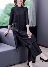 Load image into Gallery viewer, Jacquard Black Embroidered Silk Top And Wide Leg Pants Two Pieces Set Summer