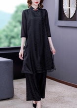 Load image into Gallery viewer, Jacquard Black Embroidered Silk Top And Wide Leg Pants Two Pieces Set Summer