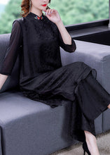 Load image into Gallery viewer, Jacquard Black Embroidered Silk Top And Wide Leg Pants Two Pieces Set Summer