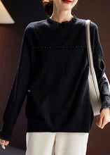 Load image into Gallery viewer, Jacquard Black Ruffled Nail Bead Wool Knit Top Long Sleeve