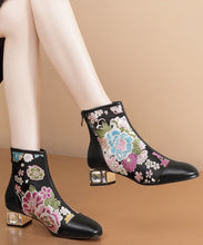 Load image into Gallery viewer, Jacquard Black Zippered Zircon Cowhide Leather Chunky Boots