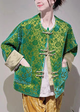 Load image into Gallery viewer, Jacquard Green Button Pockets Silk Blouse Long Sleeve