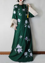 Load image into Gallery viewer, Jacquard Green Embroidered Button Silk Maxi Dresses Long Sleeve