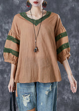 Load image into Gallery viewer, Khaki Patchwork Linen Blouse Top V Neck Hollow Out Puff Sleeve