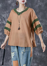 Load image into Gallery viewer, Khaki Patchwork Linen Blouse Top V Neck Hollow Out Puff Sleeve