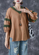 Load image into Gallery viewer, Khaki Patchwork Linen Blouse Top V Neck Hollow Out Puff Sleeve