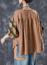 Load image into Gallery viewer, Khaki Patchwork Linen Blouse Top V Neck Hollow Out Puff Sleeve