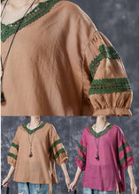 Load image into Gallery viewer, Khaki Patchwork Linen Blouse Top V Neck Hollow Out Puff Sleeve