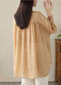 Khaki Patchwork Linen Shirt Oversized Low High Design Summer