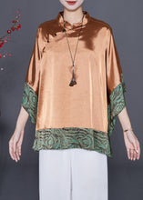 Load image into Gallery viewer, Khaki Patchwork Silk Shirt Top Mandarin Collar Batwing Sleeve