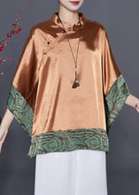 Load image into Gallery viewer, Khaki Patchwork Silk Shirt Top Mandarin Collar Batwing Sleeve