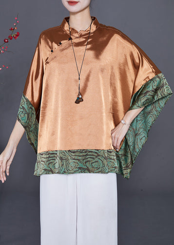 Khaki Patchwork Silk Shirt Top Mandarin Collar Batwing Sleeve