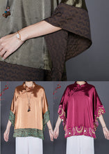 Load image into Gallery viewer, Khaki Patchwork Silk Shirt Top Mandarin Collar Batwing Sleeve