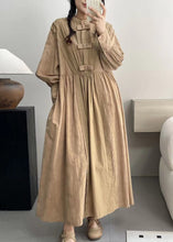 Load image into Gallery viewer, Khaki Pockets Solid Cotton Dresses Stand Collar Spring