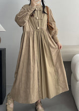 Load image into Gallery viewer, Khaki Pockets Solid Cotton Dresses Stand Collar Spring