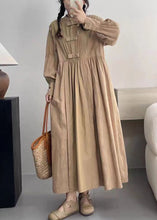 Load image into Gallery viewer, Khaki Pockets Solid Cotton Dresses Stand Collar Spring