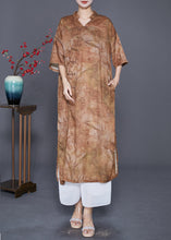 Load image into Gallery viewer, Khaki Print Linen Dress Chinese Button Side Open Summer