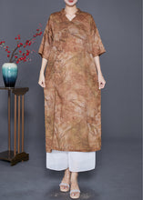 Load image into Gallery viewer, Khaki Print Linen Dress Chinese Button Side Open Summer