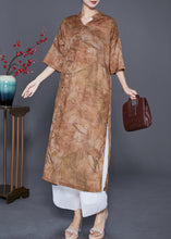 Load image into Gallery viewer, Khaki Print Linen Dress Chinese Button Side Open Summer