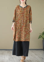 Load image into Gallery viewer, Khaki Print Linen Shirt Dresses O-Neck Oversized Lantern Sleeve