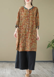 Khaki Print Linen Shirt Dresses O-Neck Oversized Lantern Sleeve