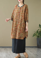 Load image into Gallery viewer, Khaki Print Linen Shirt Dresses O-Neck Oversized Lantern Sleeve