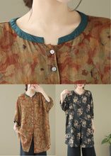 Load image into Gallery viewer, Khaki Print Linen Shirt Dresses O-Neck Oversized Lantern Sleeve