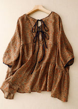 Load image into Gallery viewer, Khaki Print Patchwork Cotton T Shirt Top V Neck Lace Up Summer