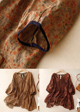 Load image into Gallery viewer, Khaki Print Patchwork Cotton T Shirt Top V Neck Lace Up Summer