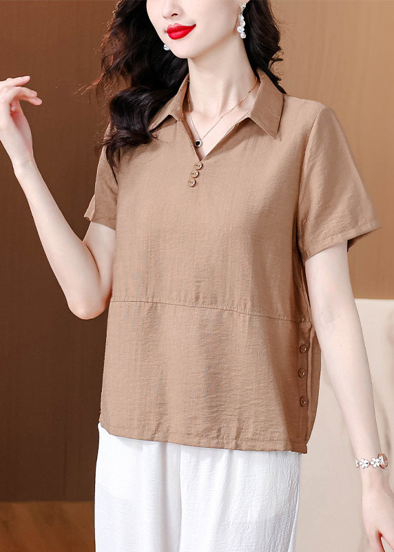 Khaki Versatile Cotton Shirt Top Peter Pan Collar Summer