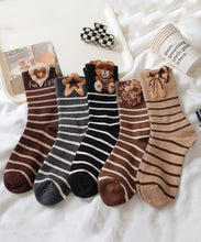 Load image into Gallery viewer, Korean Version Plush Teddy Bear Striped Pure Cotton Mid Calf Socks