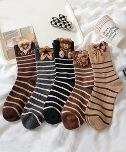 Korean Version Plush Teddy Bear Striped Pure Cotton Mid Calf Socks