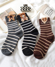 Load image into Gallery viewer, Korean Version Plush Teddy Bear Striped Pure Cotton Mid Calf Socks