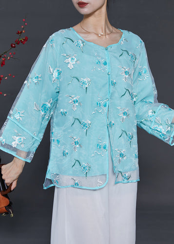 Lake Blue Organza Shirt Top Embroidered Summer