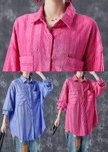 Load image into Gallery viewer, Lavender Striped Cotton Blouses Peter Pan Collar Pockets Summer