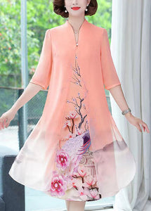 Light Orange Print Chiffon Dress Stand Collar Half Sleeve