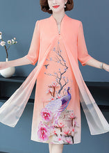 Load image into Gallery viewer, Light Orange Print Chiffon Dress Stand Collar Half Sleeve